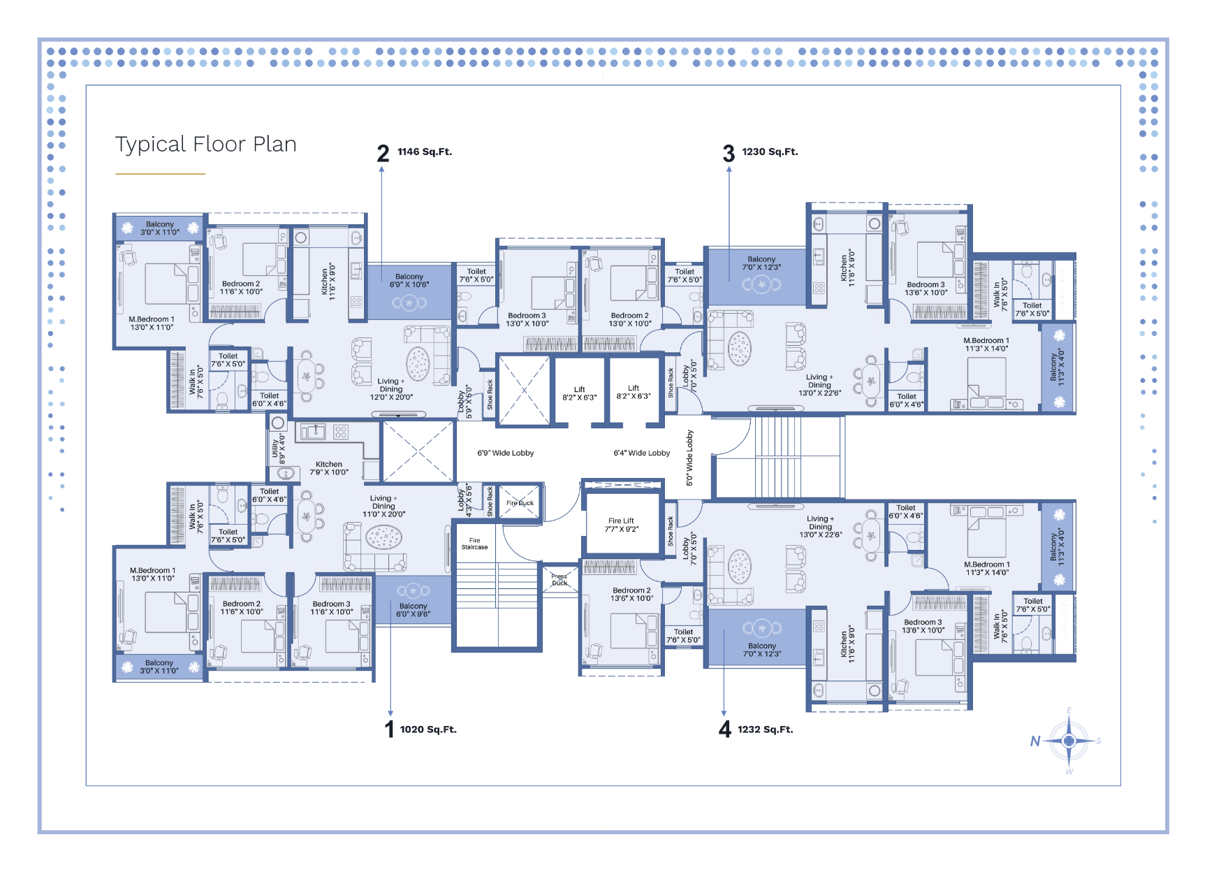 SkyOne typical floor plan — four 3 BHK units